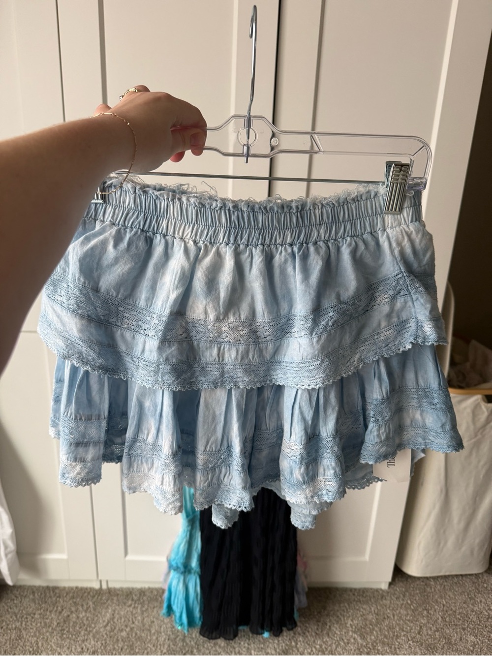 LoveShackFancy Light Blue Tiered Lace Mini Skirt